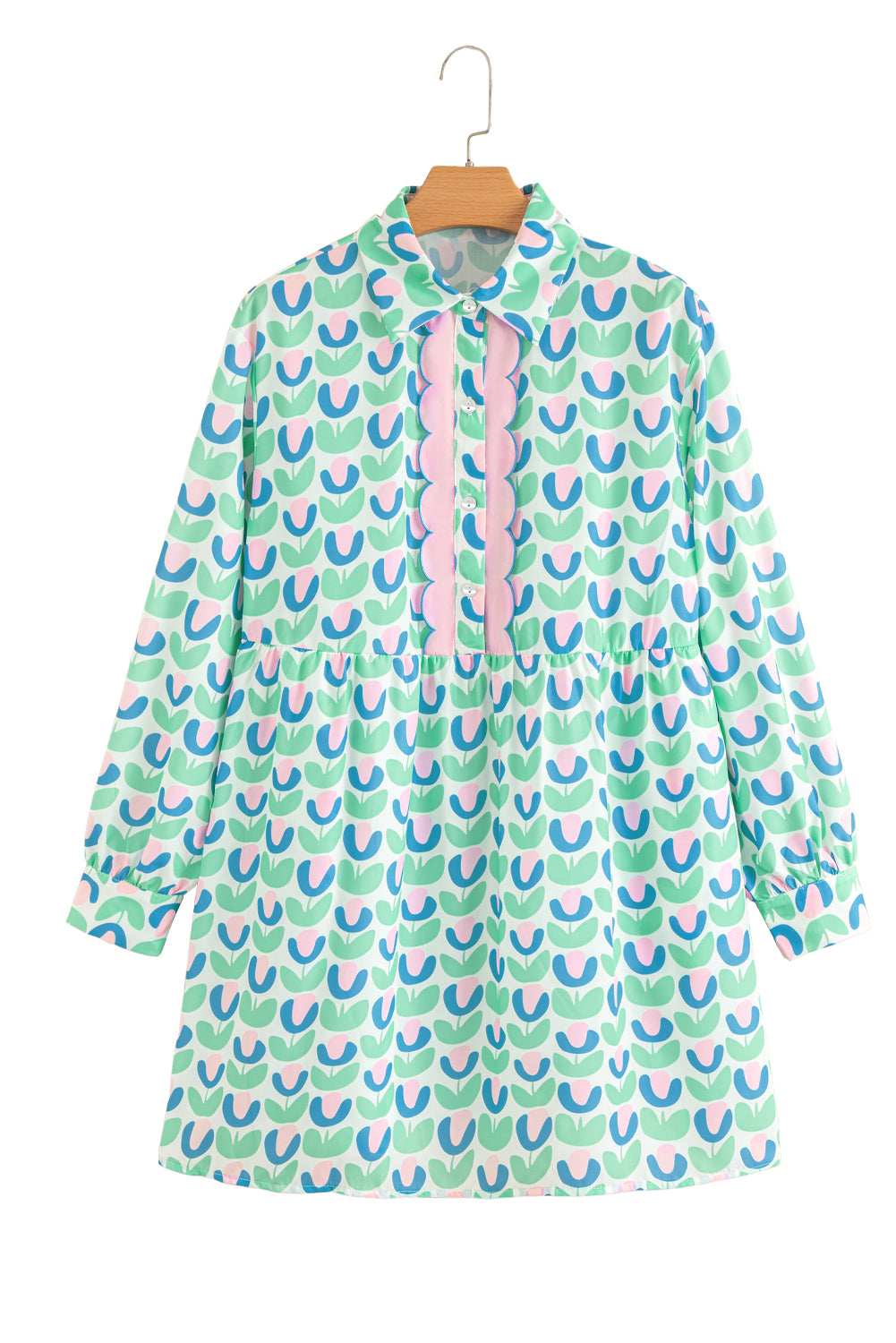 Green Floral Print Notched Neck Scalloped Detail Long Sleeve Mini Dress