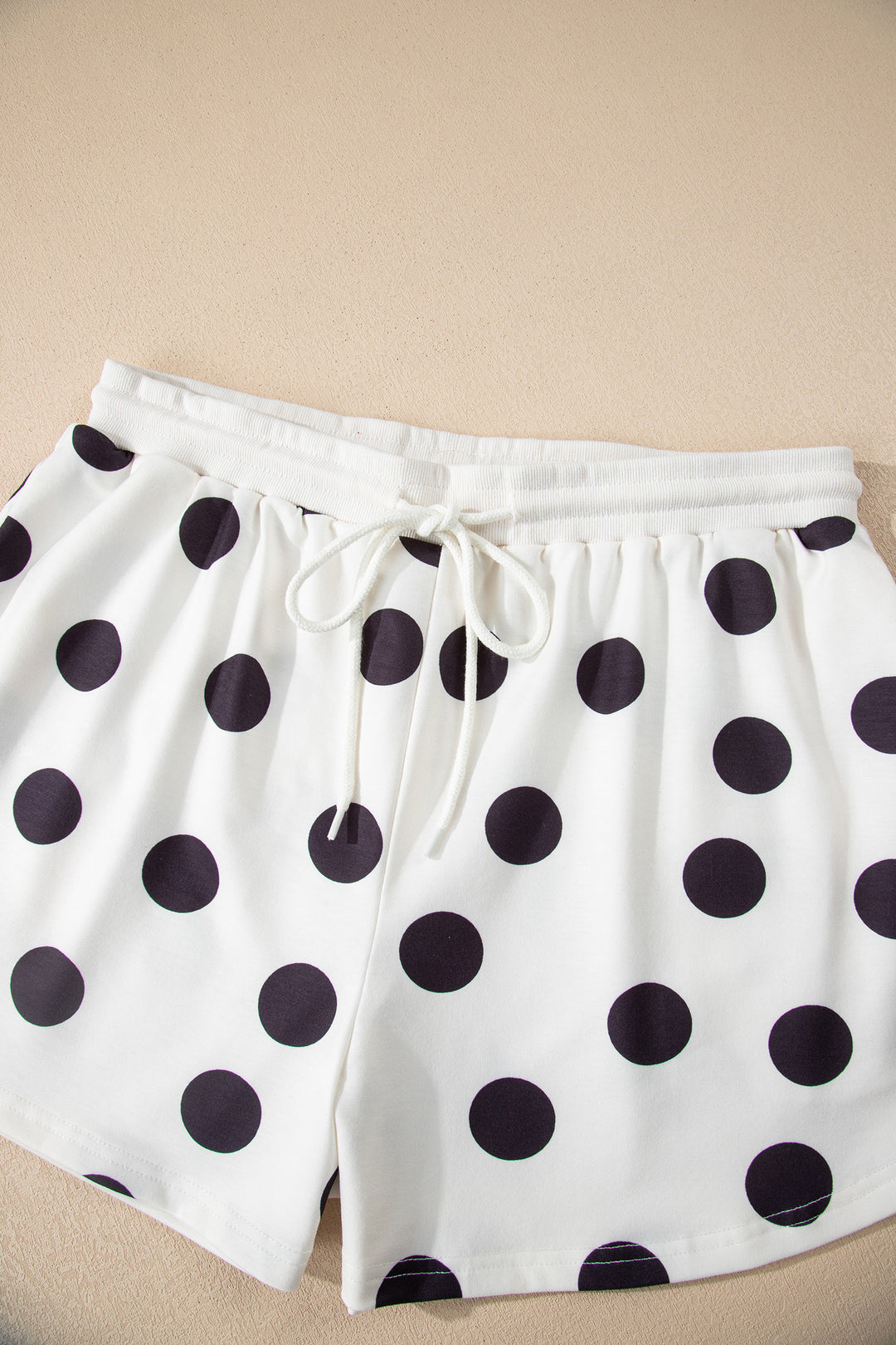 Polka Dot Print Drop Shoulder Pullover Drawstring Shorts Set
