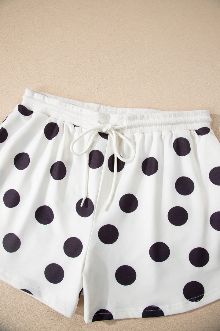 Polka Dot Print Drop Shoulder Pullover Drawstring Shorts Set
