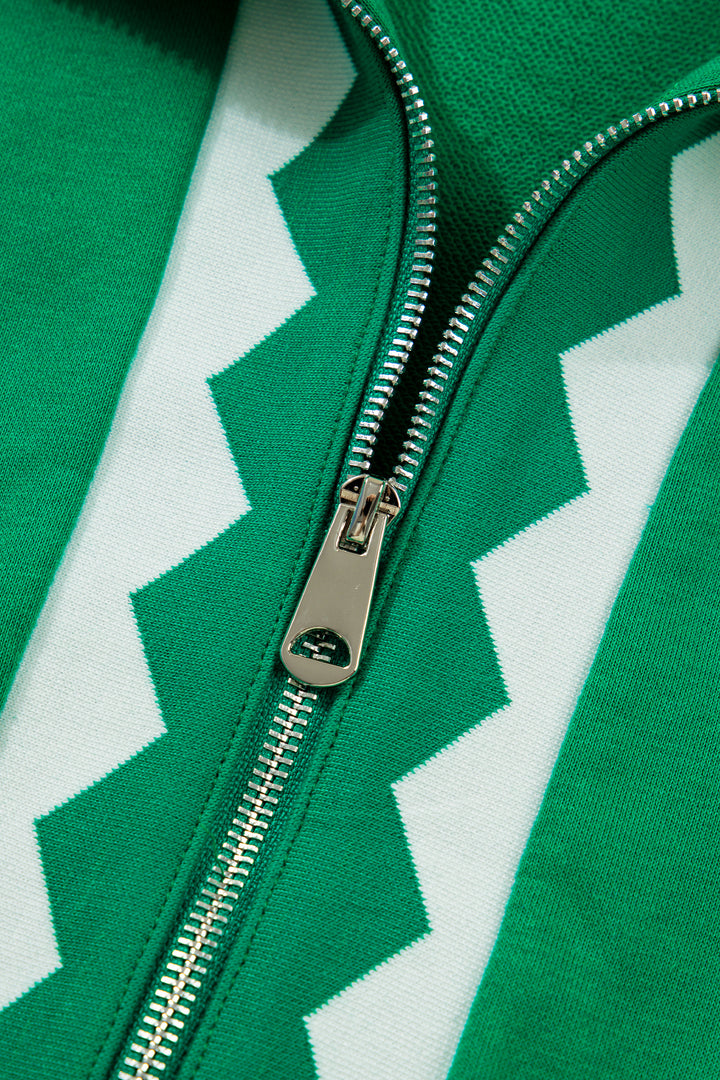 Bright Green Contrast Patchwork Half Zip Elastic Waist Short Sleeve Mini Dress