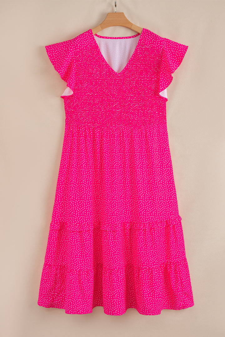 Rose Polka Dot Print Ruffled Smocked High Waist Plus Midi Dress