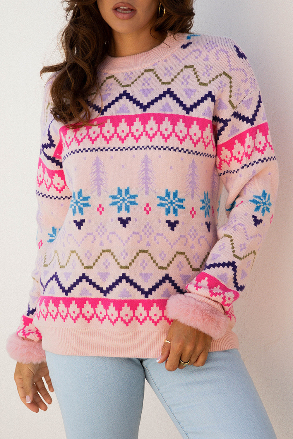 Multicolour Ethnic Christmas Pattern Knit Feather Cuffed Sweater