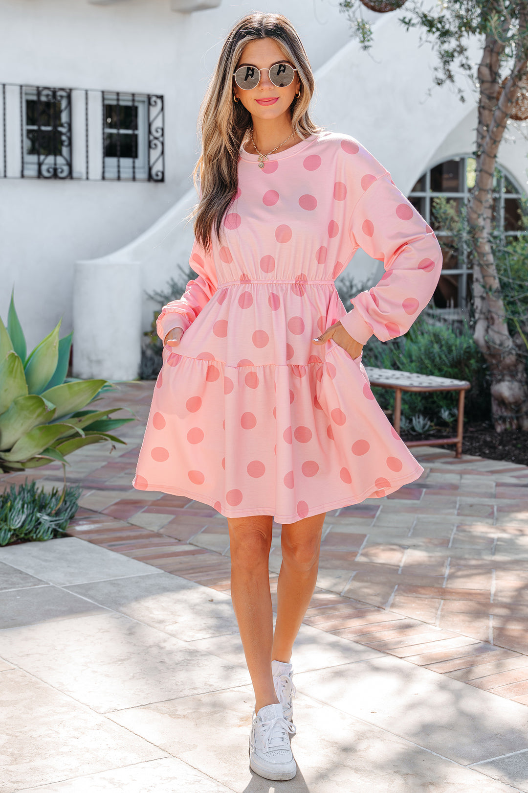 white long sleeve polka dot dress Lace & Beads long sleeve ruffle hem maxi dress in white polka dots