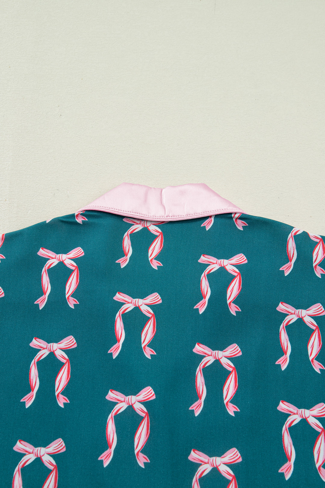 Green Ribbon Bow Print Silky Long Sleeve Shirt and Shorts 2pcs Pajama Set