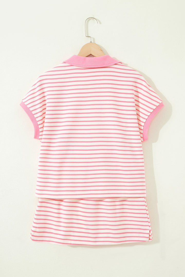 Pink Stripe Color Block Patchwork Polo Tee Drawstring Elastic Waist 2pcs Skort Set