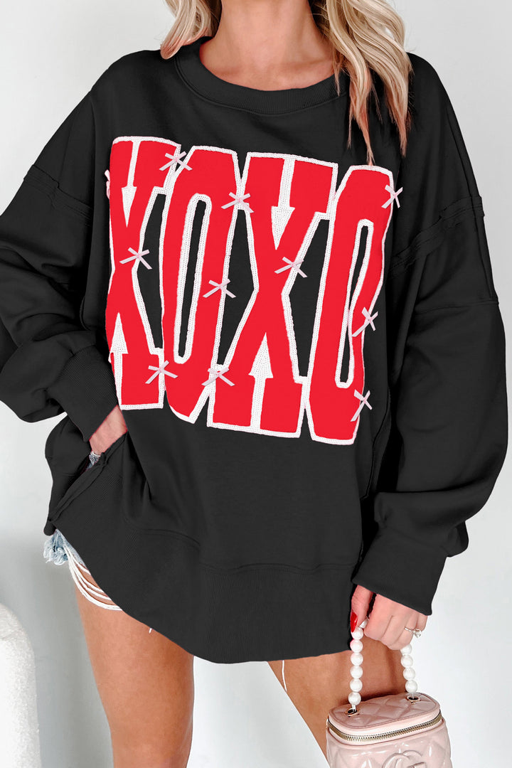 Black Bow Letter Graphic Exposed Seam Baggy Sweatshirt