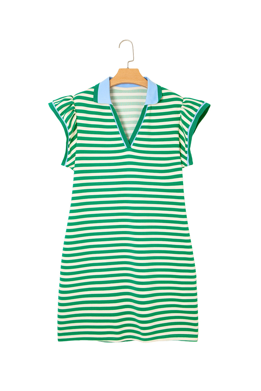 Stripe Print Contrast Collar Split Neck Flutter Sleeve Short Dress