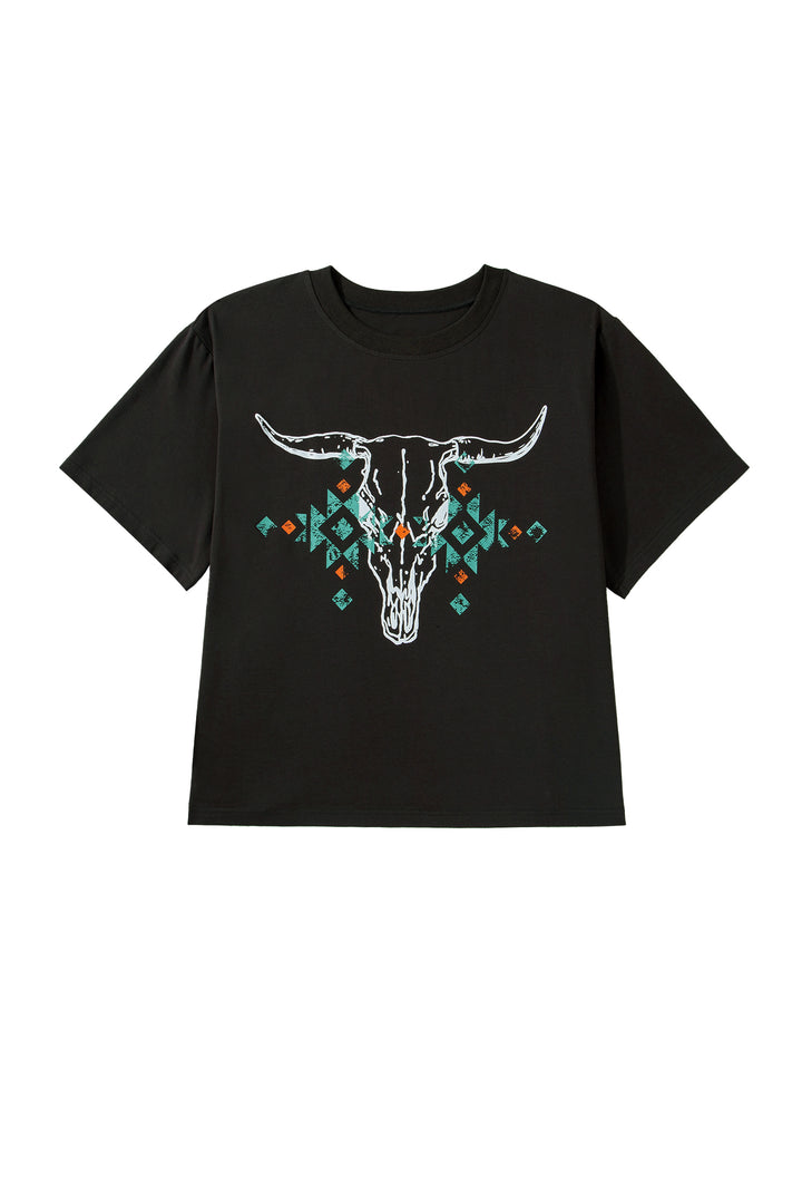 Carbon Grey Plus Size Western Aztec Bull Skull Printed T Shirt