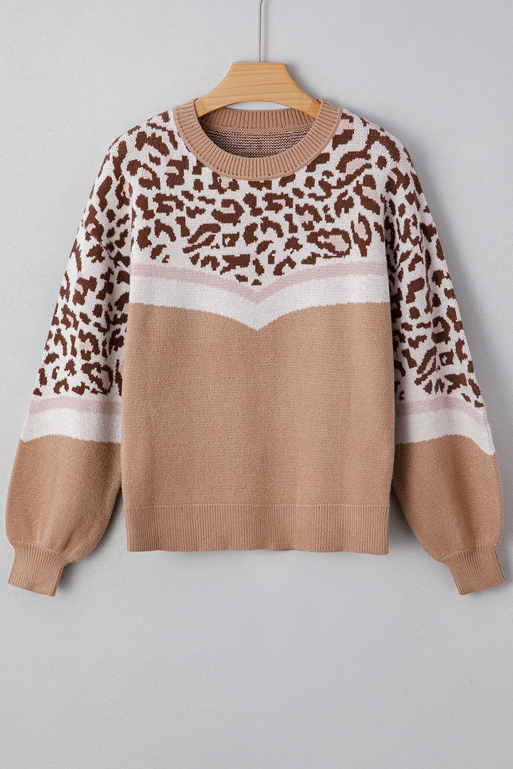 Leopard Color Block Knit Round Neck Baggy Sweater