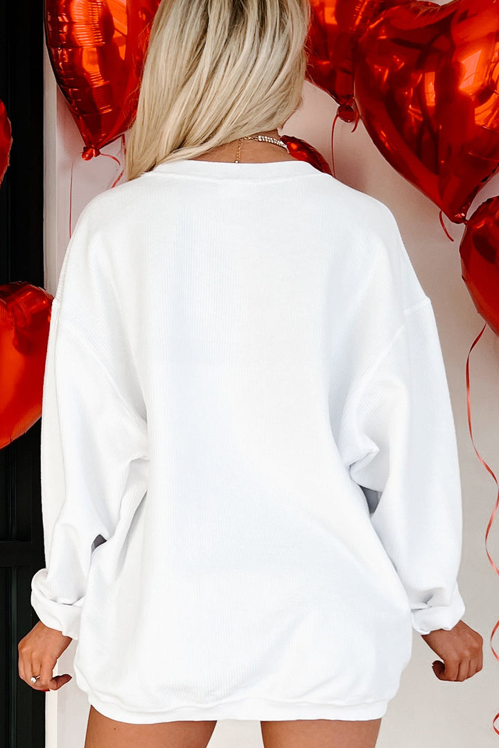 White XOXO Checkered Heart Graphic Round Neck Sweatshirt