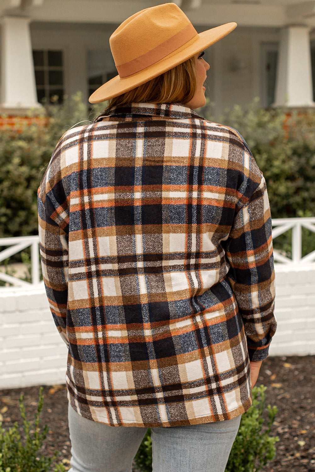 Geometric Plaid Print Pocketed Shacket