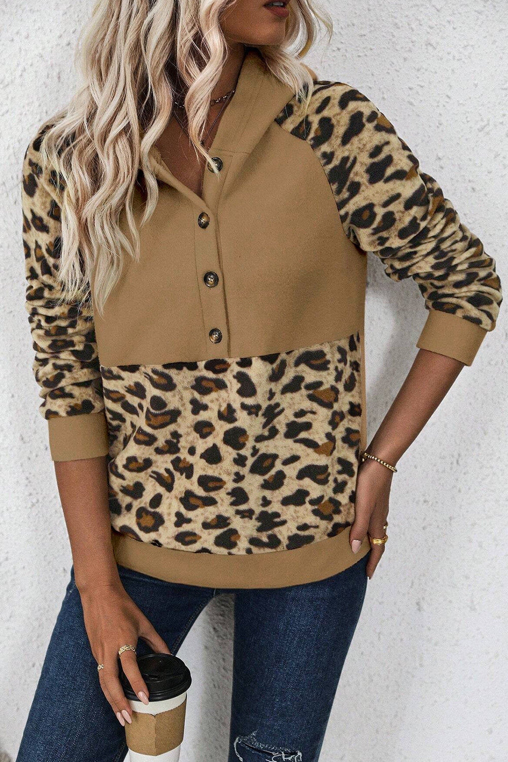 Leopard Print Patchwork Raglan Sleeve Half Buttons Hoodie