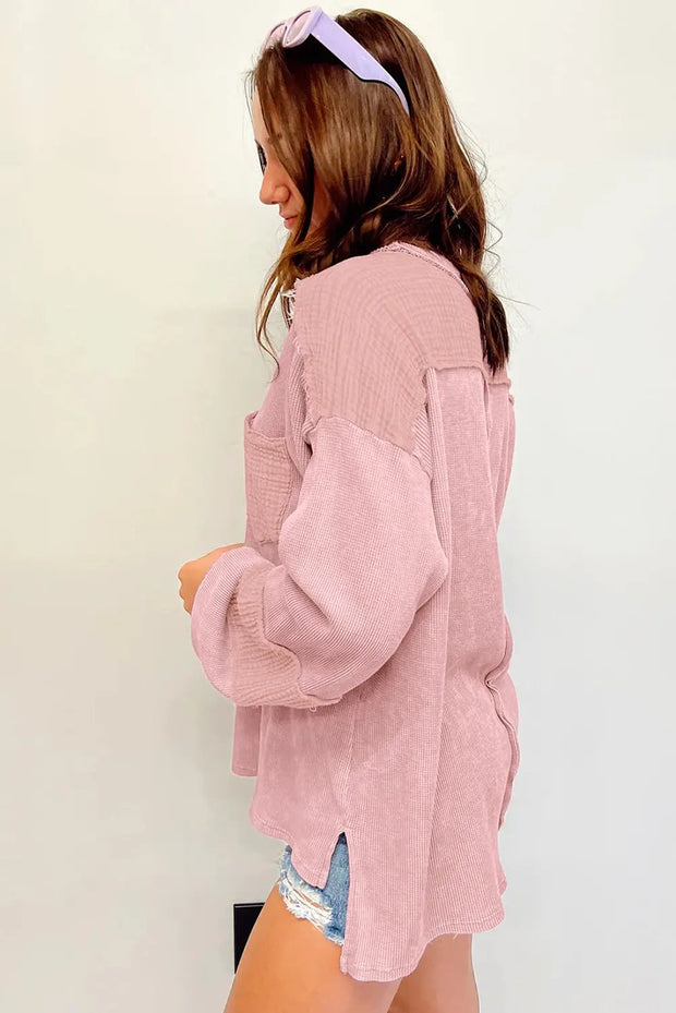 Pink Exposed Seam Patchwork Bubble Sleeve Waffle Knit Top -
