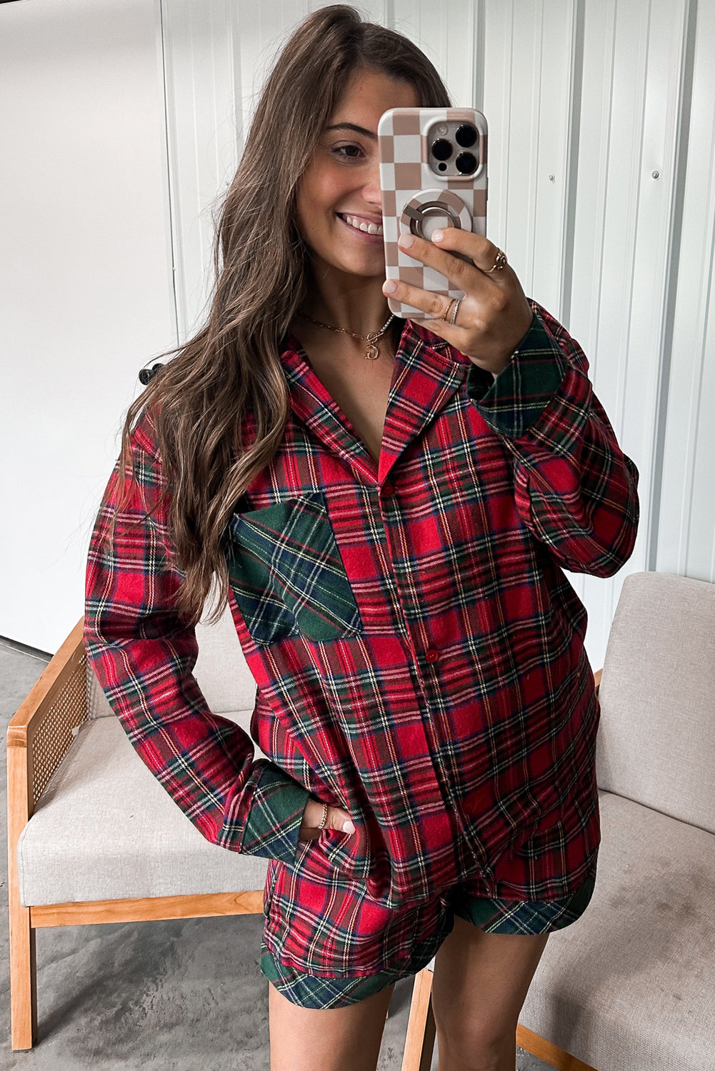 Red Plaid Contrast Color Christmas Holiday Long Sleeve Shirt and Shorts Pajama Set