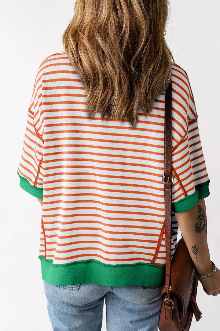 Stripe Oversized Contrast Trim Exposed Seam High Low T Shirt