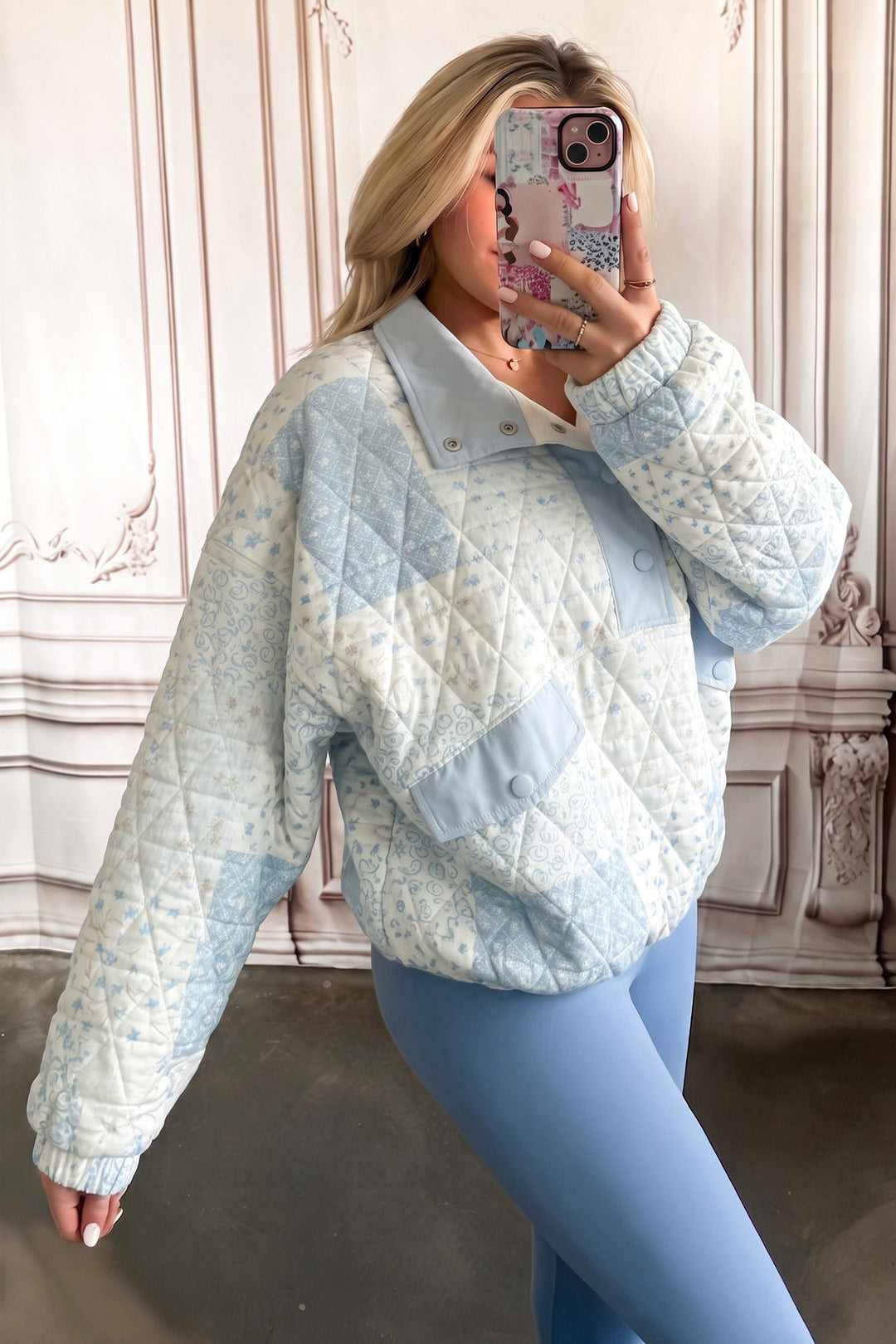Floral Quilted Half Button Pocketed Pullover Sweatshirt