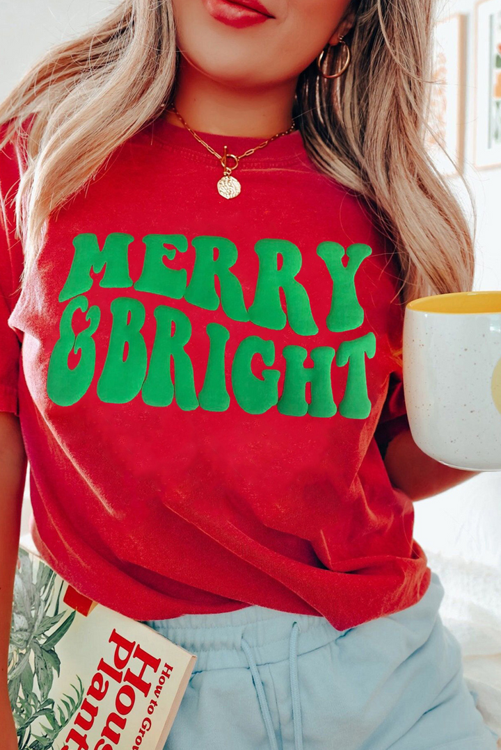 Red MERRY BRIGHT Crew Neck Graphic T Shirt