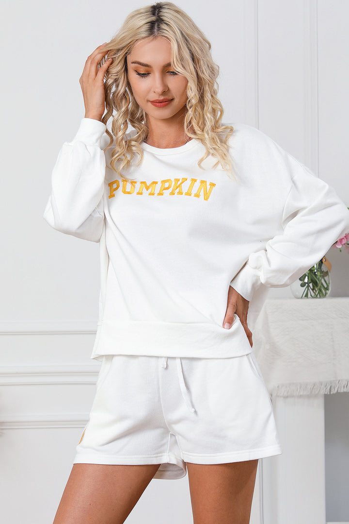 White PUMPKIN Flocking Graphic Pullover Sweatshirt and Shorts Set