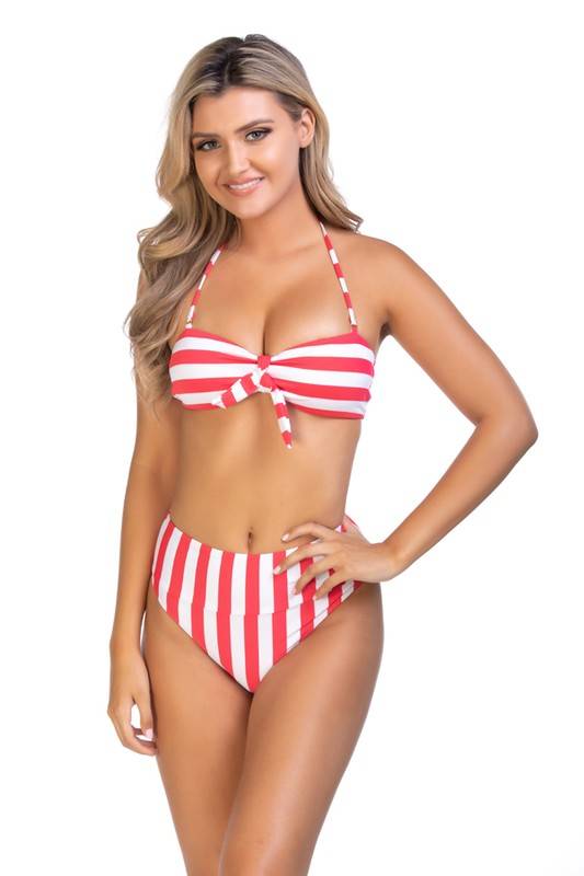 Shop Stripped bandeau bikini set in red and white stripes at Faith & Co. Boutique. Features a front tie top and flattering high-rise bottom.