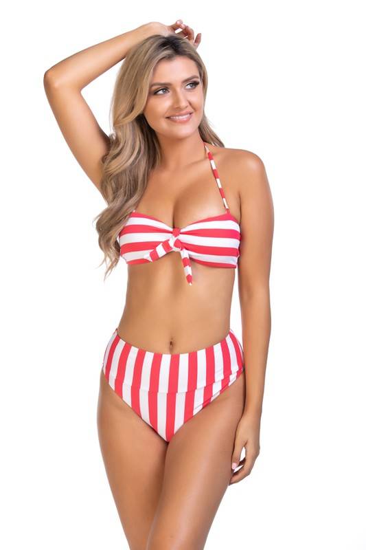Red and white striped bandeau bikini set with halter tie and high-waisted bottoms, available at Faith & Co. Boutique. Stylish beachwear for summer.