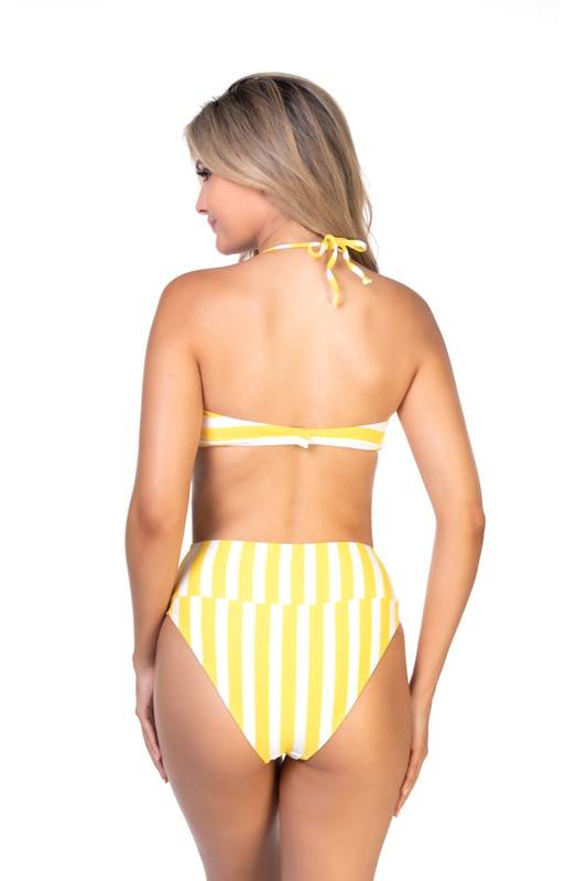 Back view of yellow and white striped bandeau bikini set with tie neck and clasp back. Shop stylish two-piece swimwear at Faith & Co. Boutique.
