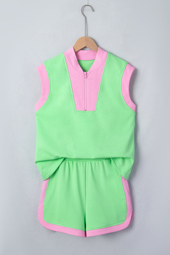 Color Block Accent Half Zip Top Athleisure Shorts Set