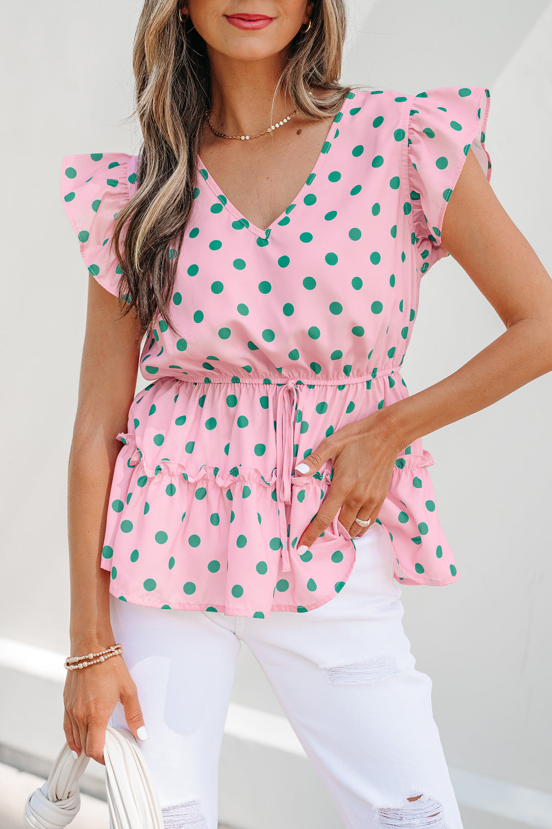 Pink V Neck Polka Dot Print Drawstring Tiered Babydoll Blouse