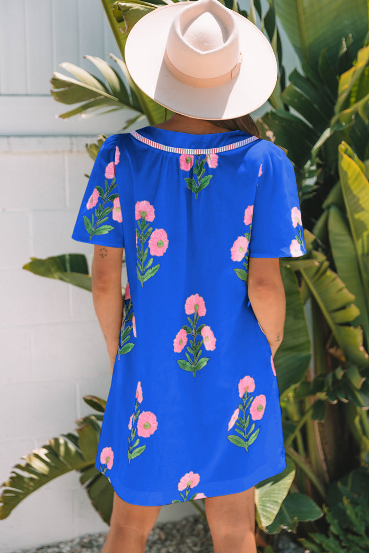 Floral Short Sleeve Split Neck Loose Mini Dress