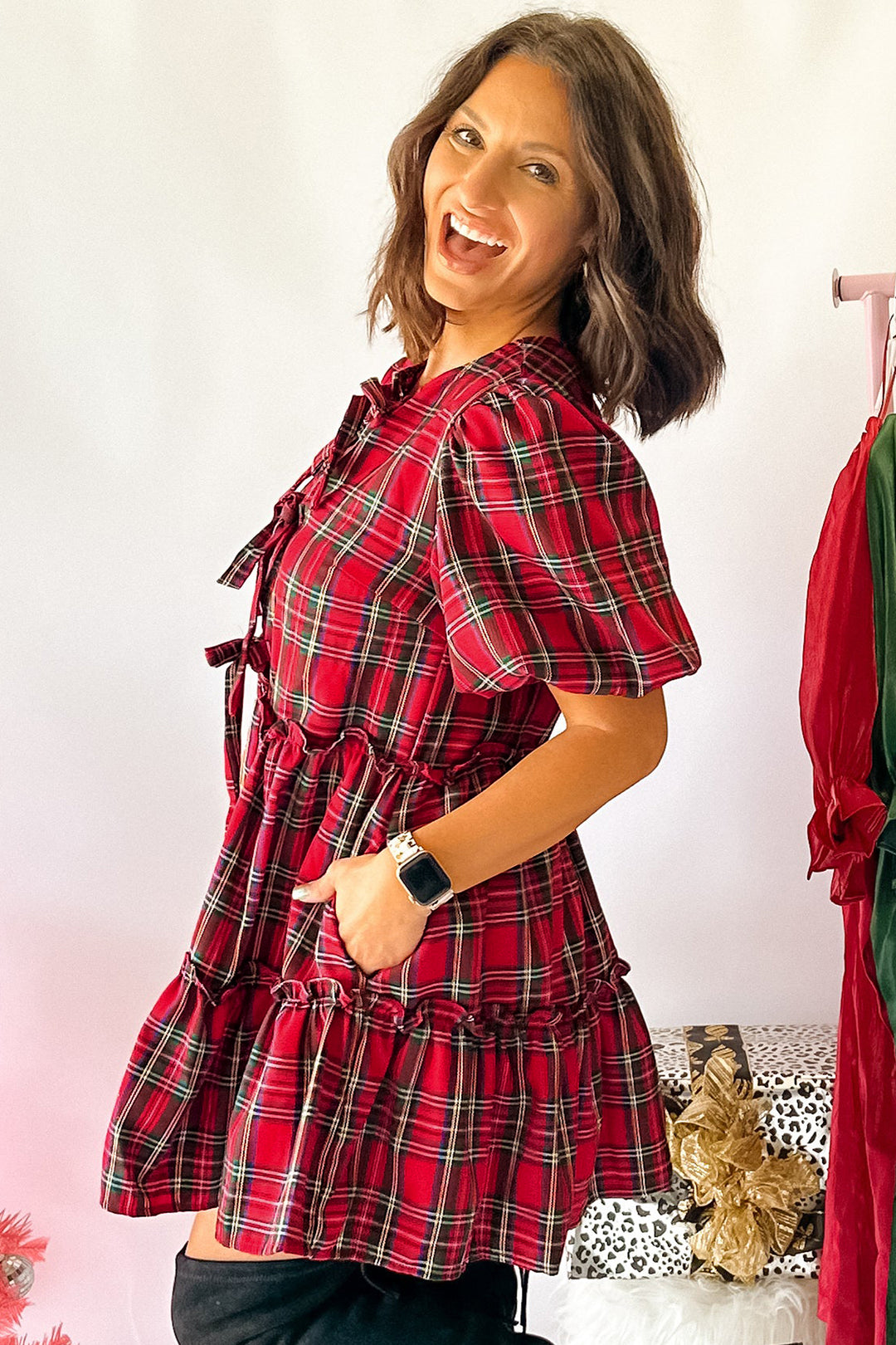 Red Plaid Knot Neck Short Sleeve Mini Shift Dress