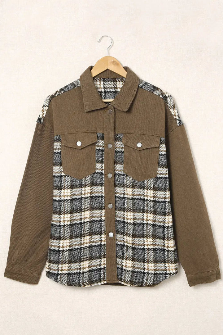 a brown jacket with a plaid pattern on it