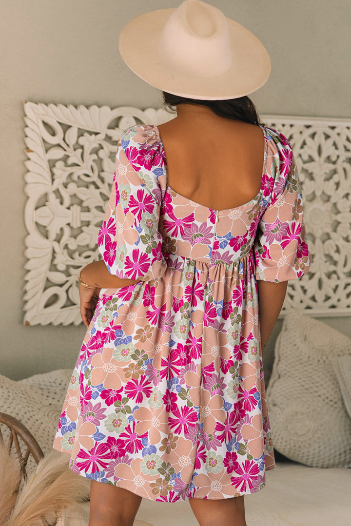 Pink Summer Floral Square Neck Puff Sleeve Babydoll Dress