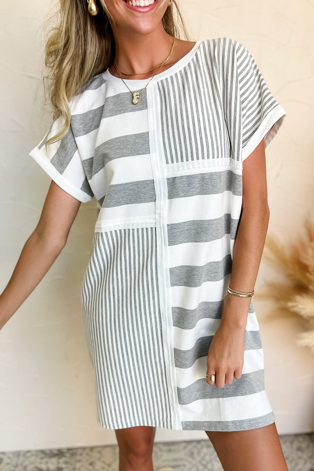 Shop Blue Stripe Mixed Printed Short Sleeve Shift Mini T Shirt Dress at Faith & Co. Boutique Gray Stripe / S / 95%Polyester+5%Elastane
