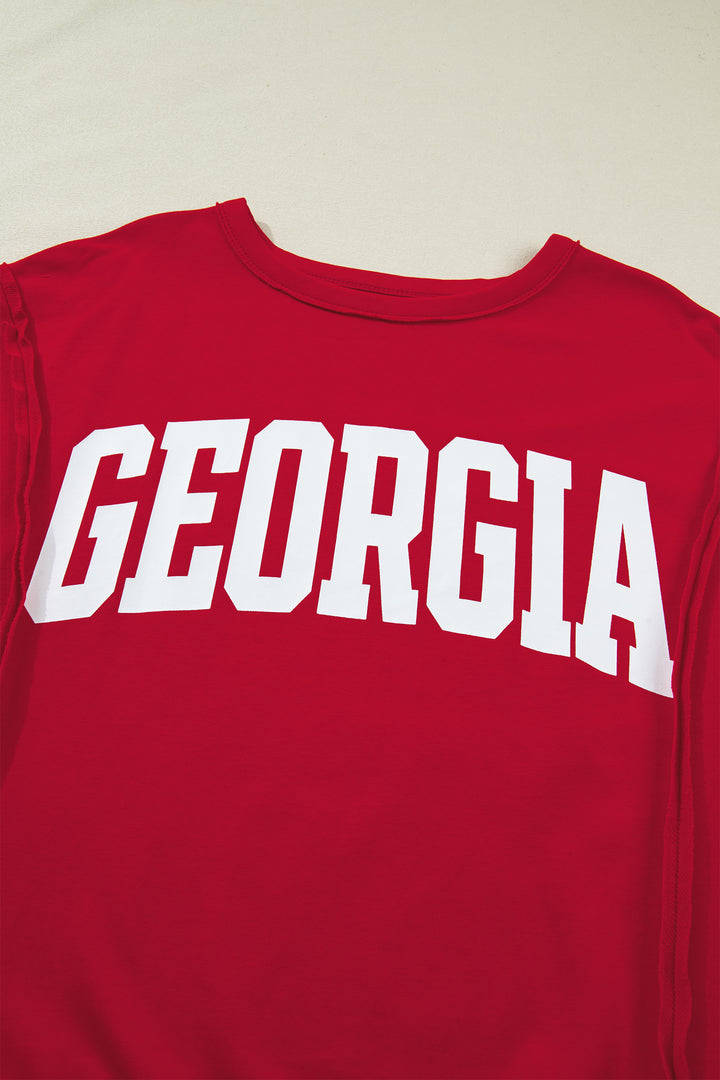 Racing Red GEORGIA Letter Printed Raw Seam Drop Shoulder Loose Tee