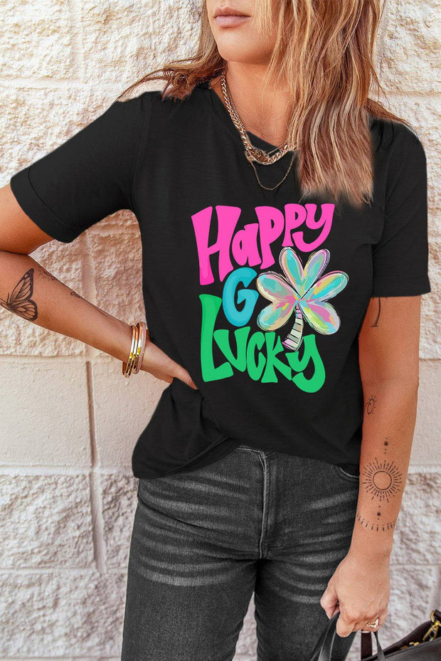 Black Happy GO Lucky Clover Graphic Crew Neck T Shirt -
