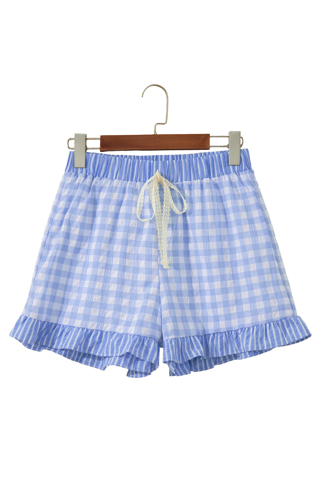 Gingham Print Ruffle Striped Detail Lace Tie Shorts