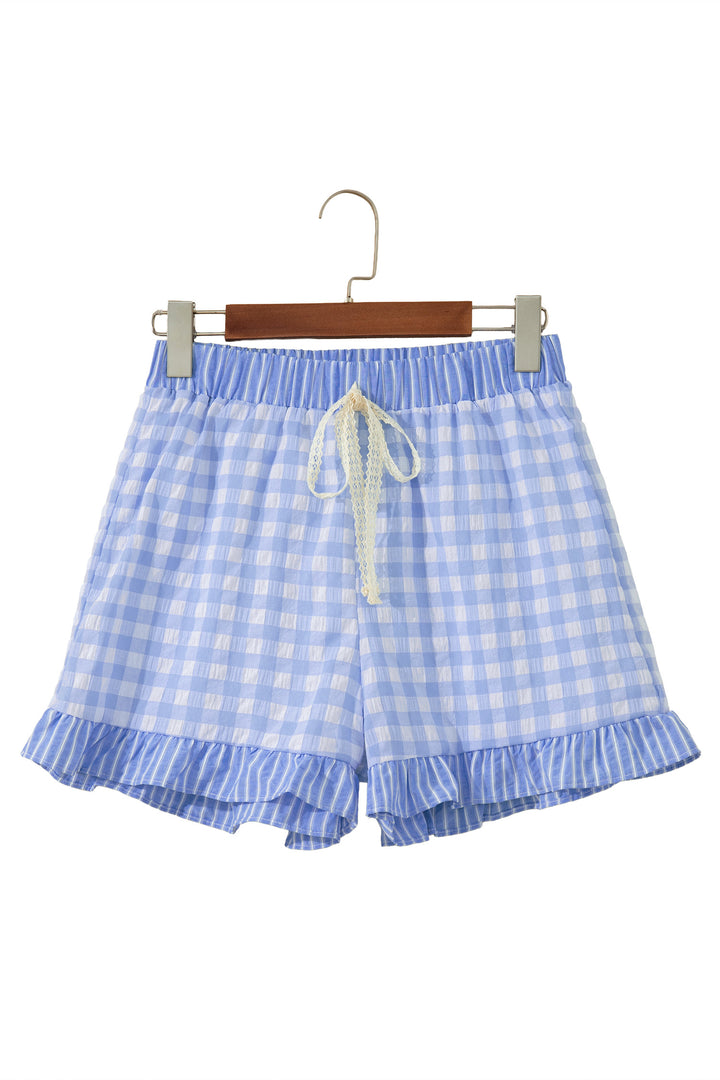 Gingham Print Ruffle Striped Detail Lace Tie Shorts