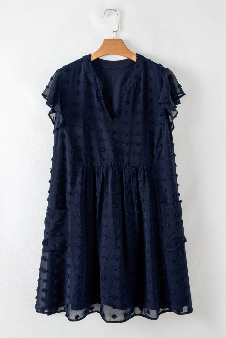 Flat lay of Navy Blue Dotty Textured Notched Neck Plus Ruffled Dress on hanger, featuring flutter sleeves and gathered waistline.
