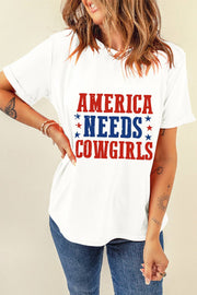 a woman wearing a t - shirt that says america needs cowgirls