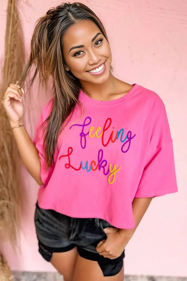 Bonbon Feeling Lucky Letter Patch Drop Sleeve T-Shirt -