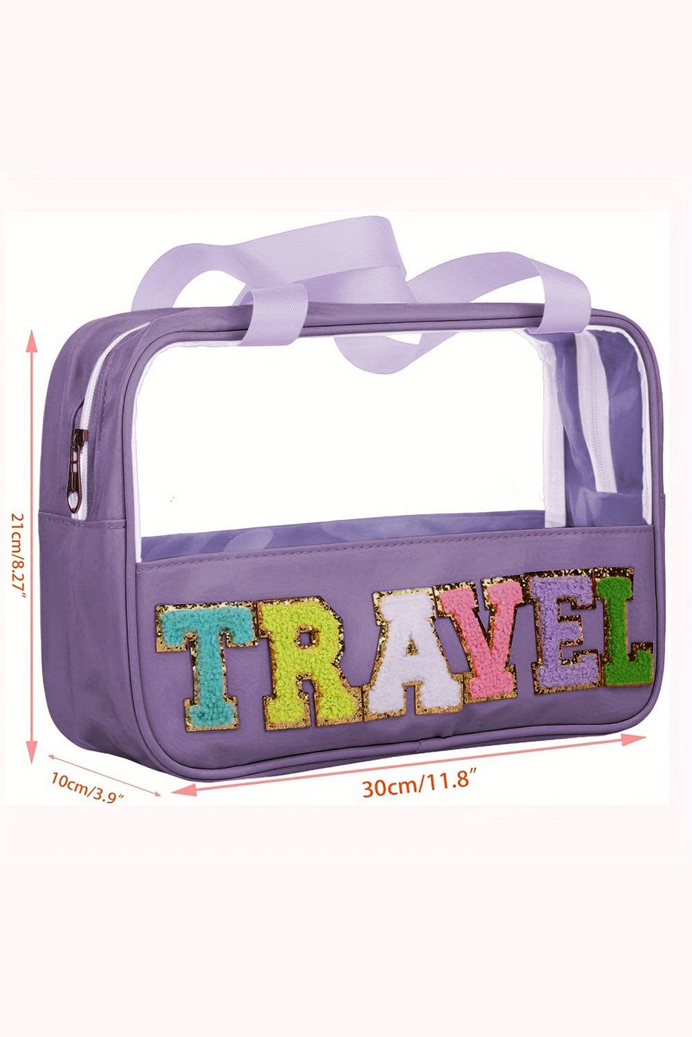 a purple bag with the word travel printed on it