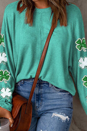 Sequin St Patrick Clover Patched Graphic Long Sleeve Tee