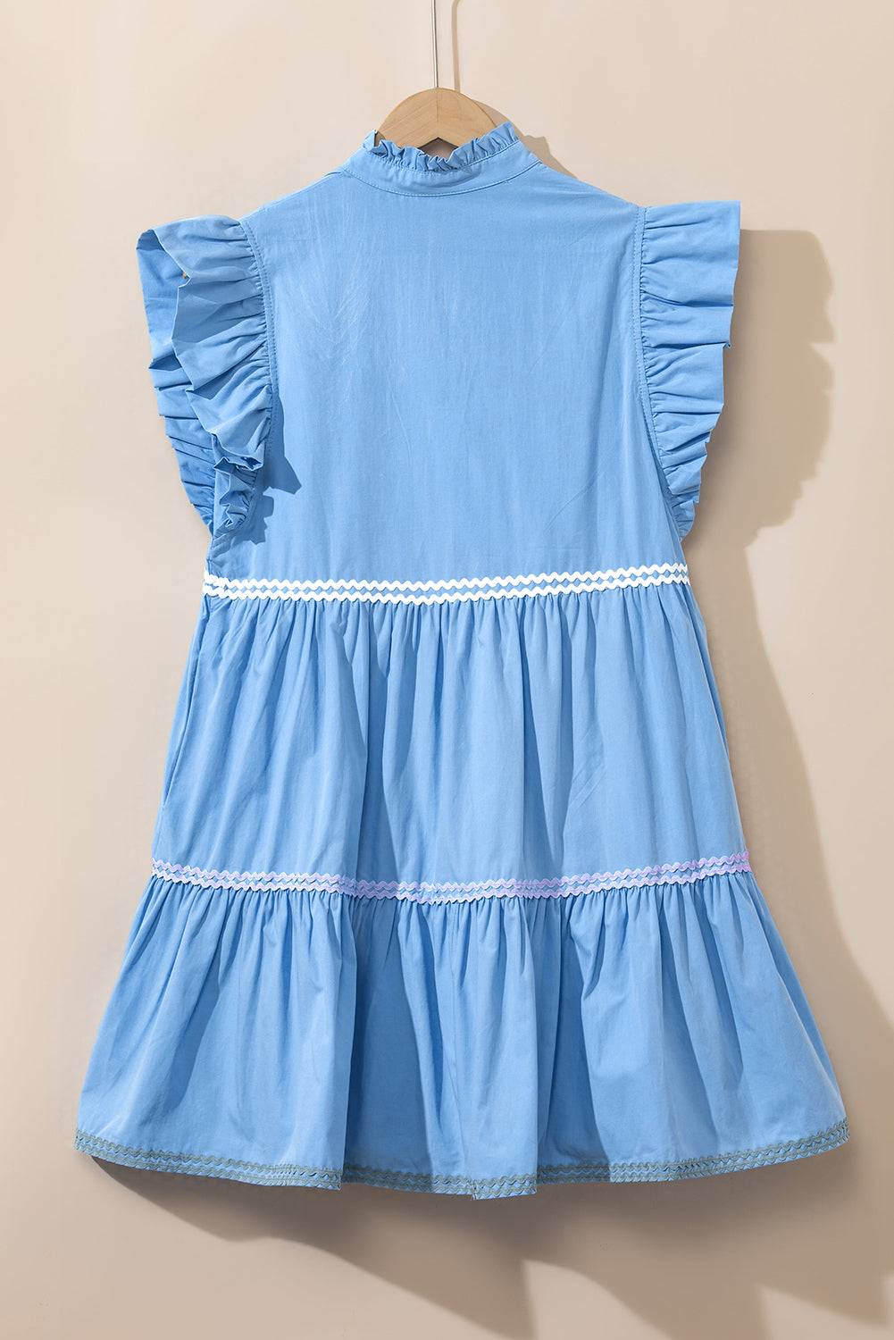 Beau Blue Ric Rac Colorblock Flutter Sleeve V Neck Tiered Dress