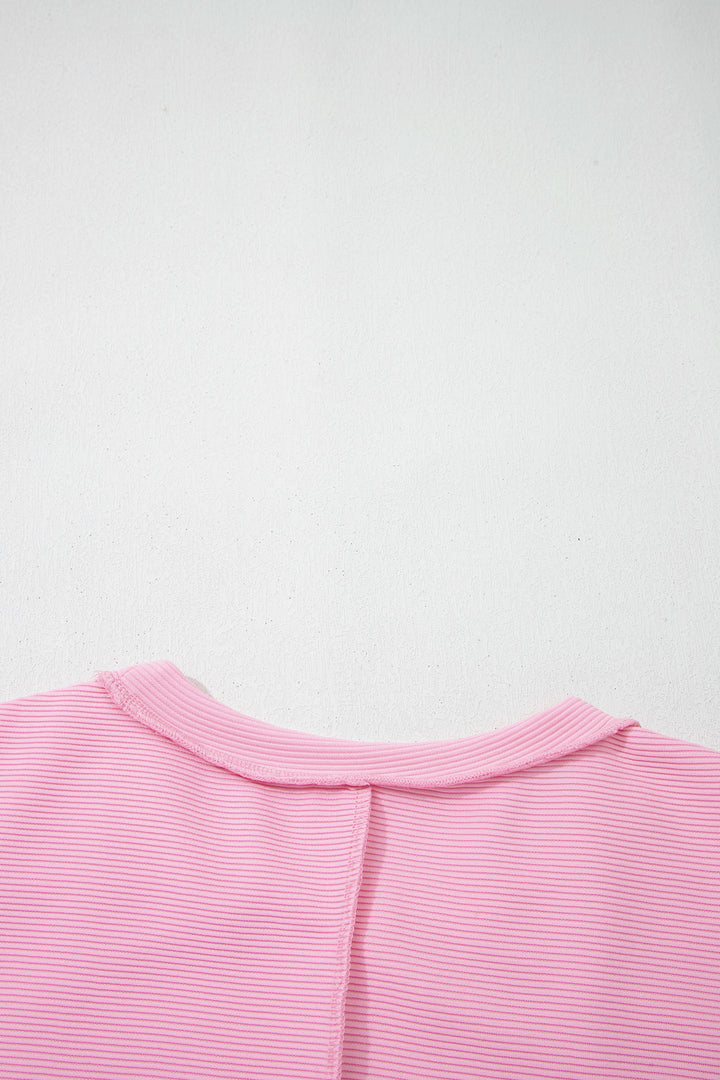 Pink Horizontal Ribbed Exposed Seam Detail Drop Shoulder Baggy Pullover