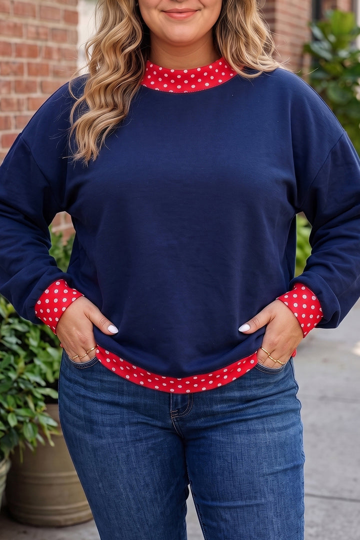 Racing Red Polka Dot Patchwork Round Neck Plus Size Sweatshirt
