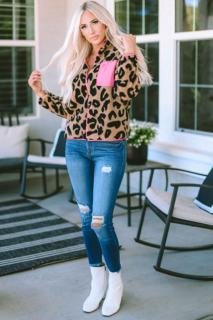 Leopard Colorblock Pocket Zipper Fuzzy Fleece Jacket