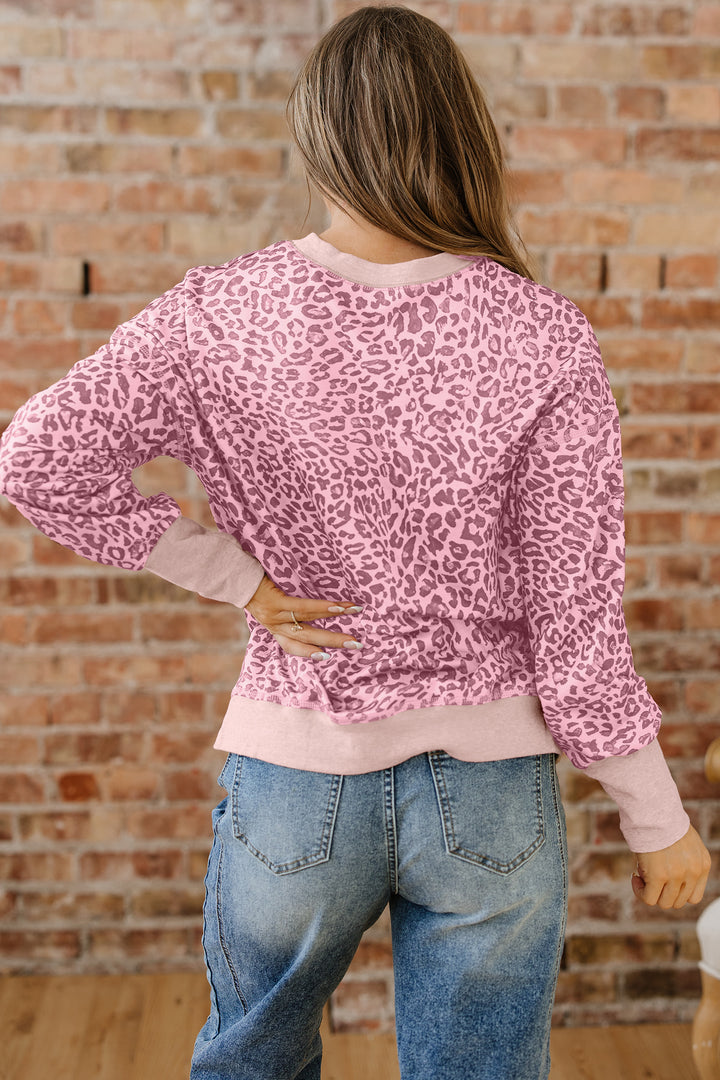 Leopard Print Patchwork Crew Neck Sweatshirt