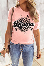 Pink Mama Checkered Graphic Crew Neck T Shirt - Pink / S