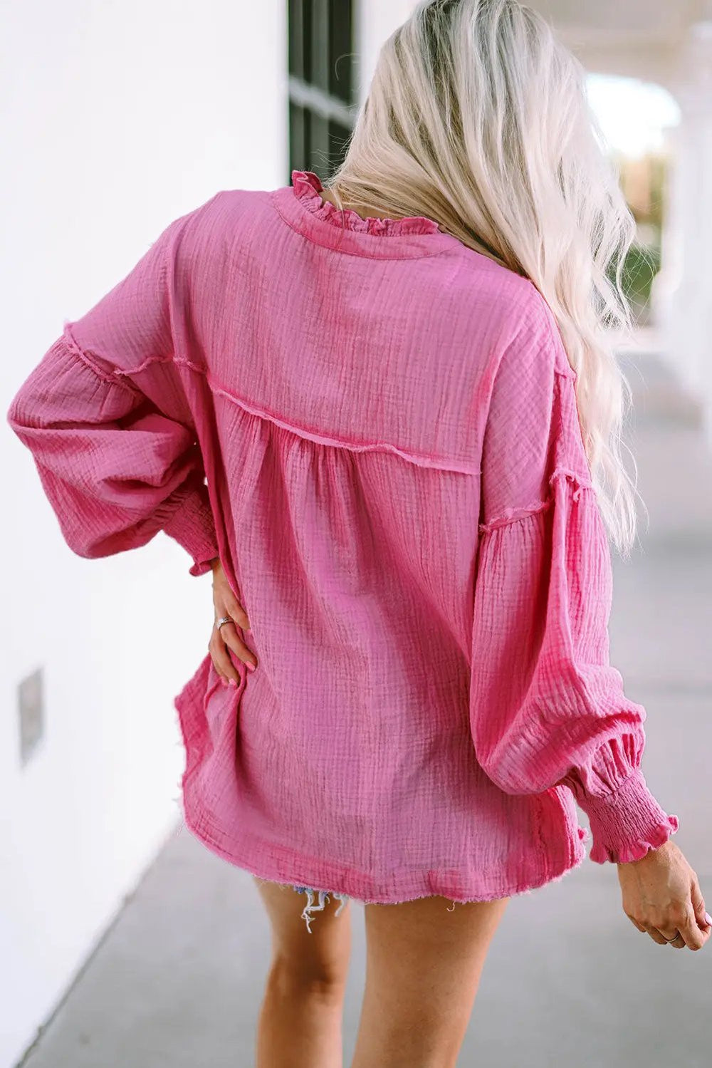 Pink Retro Frilled Seam Crinkle Puff Sleeve Blouse -