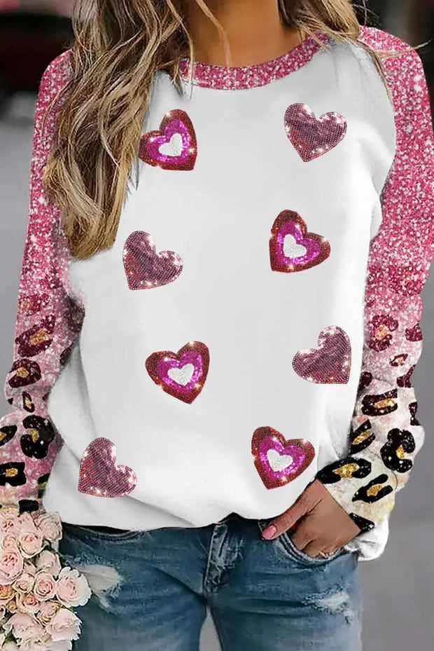 Pink Sequin Heart Shaped Graphic Leopard Long Sleeve Tee - Pink / L