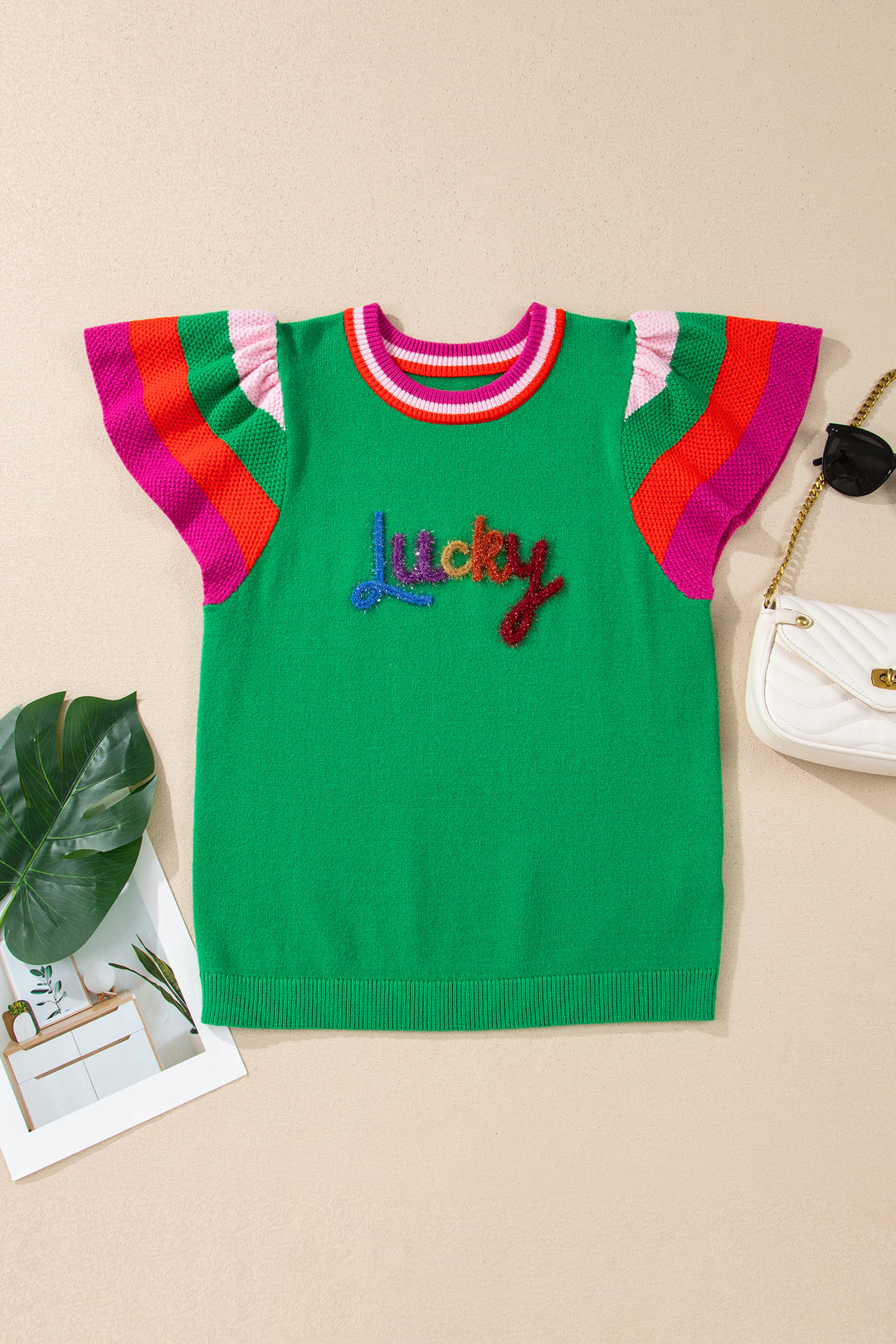 Bright Green Shiny Lucky Striped Flutter Sleeve Round Neck Sweater